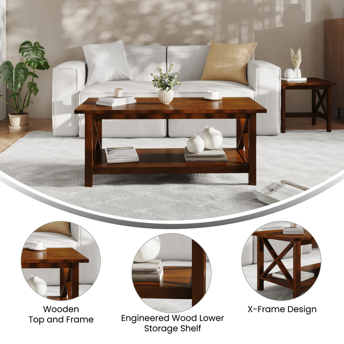 Mitchell Solid Wood Farmhouse Style Coffee Table with Storage Shelf