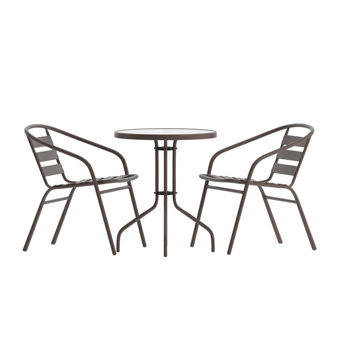 Rhea 23.75'' Round Glass Top Metal Table with 2 Aluminum Slat Stack Chairs