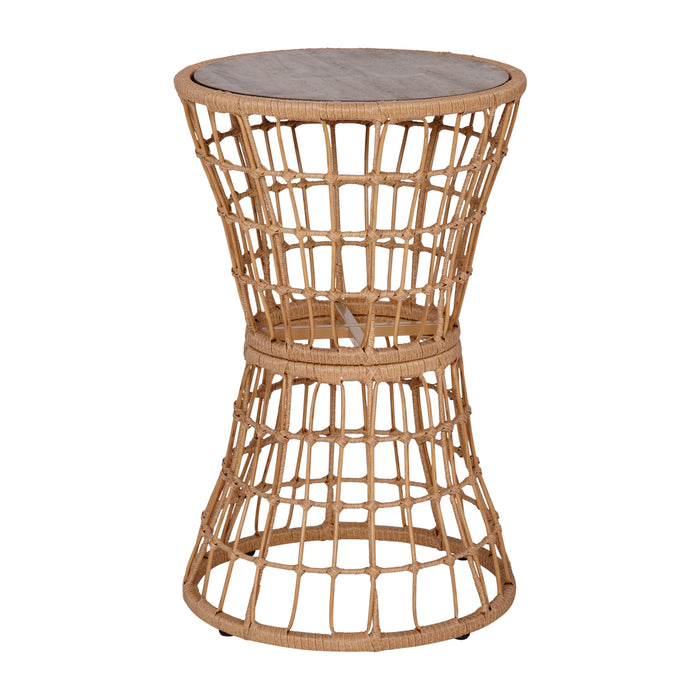 Ari All-Weather Faux Rattan Rope Patio Table with Acacia Wood Top for Indoor and Outdoor Use