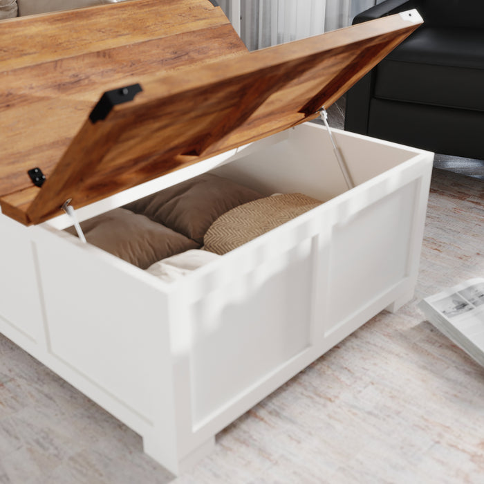 Marella Farmhouse Coffee Table with Clamshell Style Hinged Table Top and Hidden Storage