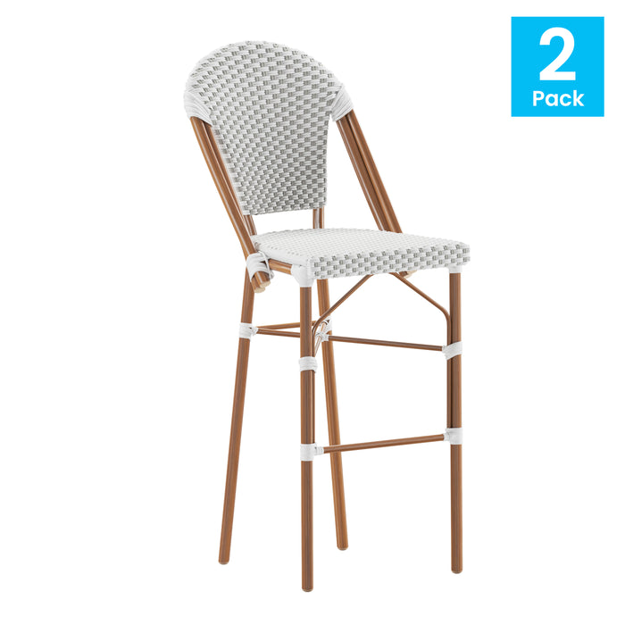 Colmar Set of Two Indoor/Outdoor 30" High Stacking French Bistro Counter Stools with Patterned Seat and Back and Metal Frames