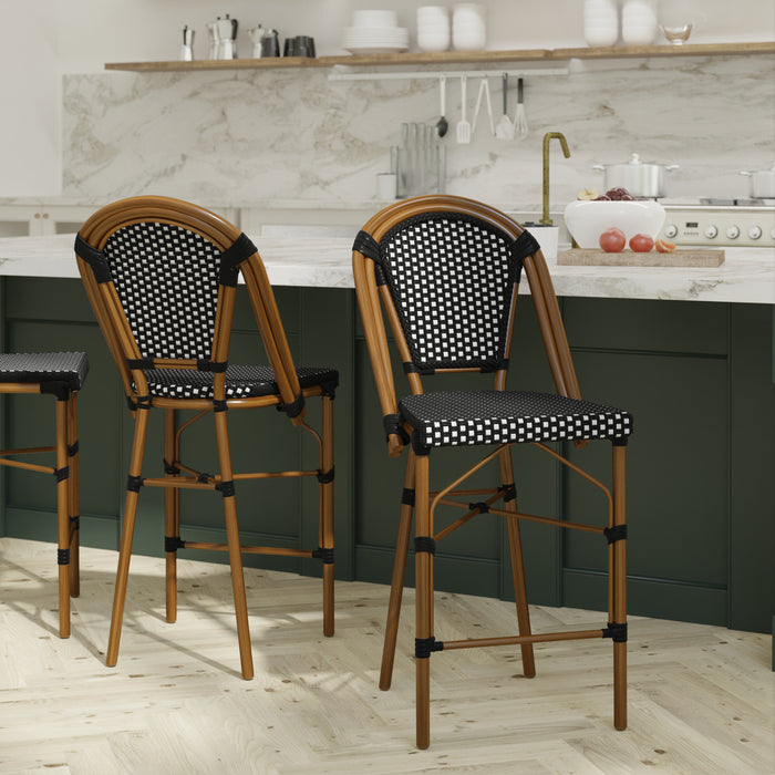 Soie Set of Two 26" High Stacking French Bistro Counter Stools with PE Seat and Back and Metal Frames for Indoor/Outdoor Use