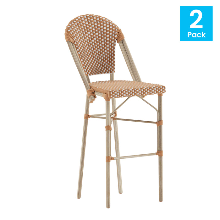 Colmar Set of Two Indoor/Outdoor 30" High Stacking French Bistro Counter Stools with Patterned Seat and Back and Metal Frames