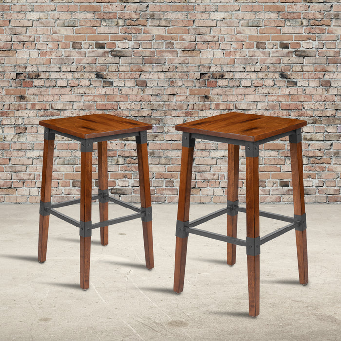 2 Pack Commercial Grade Rustic Industrial Style Backless Wood Barstool