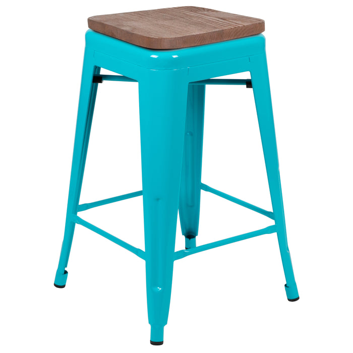 24" High Metal Counter-Height, Indoor Bar Stool with Wood Seat - Stackable Set of 4