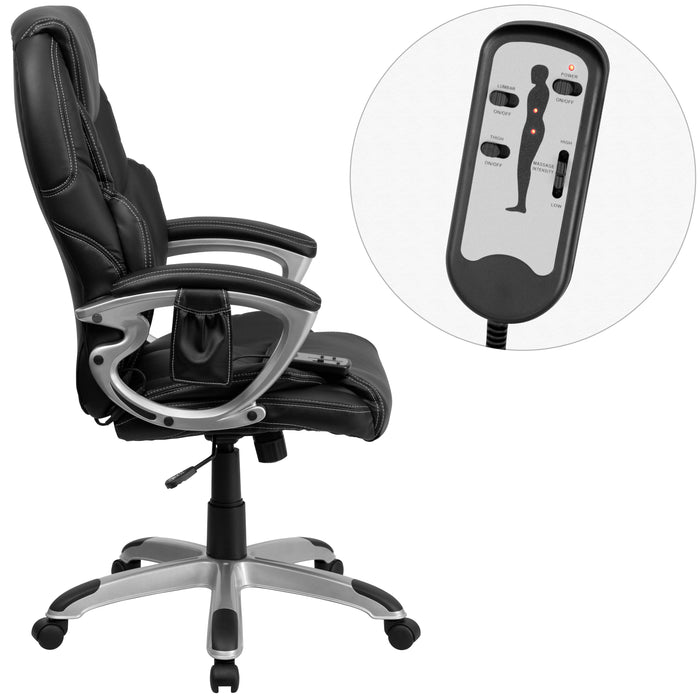 High Back Ergonomic Massaging Leather Executive Swivel Office Chair with Silver Base and Arms