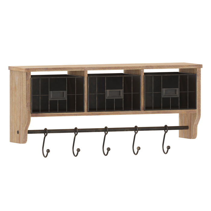 Mulhall Rustic Country Wall Mounted Shelf with 5 Adjustable Sliding Hooks and Three Wire Storage Baskets