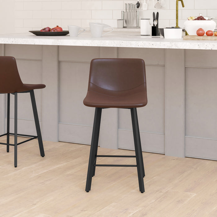 Sina Set of Two 24" Modern Upholstered Barstools, Matte Metal Frames and Plastic Floor Glides