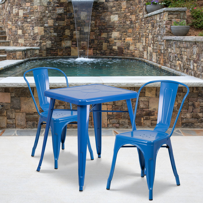 Commercial Grade 23.75" Square Metal Indoor-Outdoor Table Set w/ 2 Stack Chairs