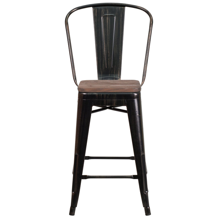 24"H Metal Counter Height Stool with Back and Square Wood Seat