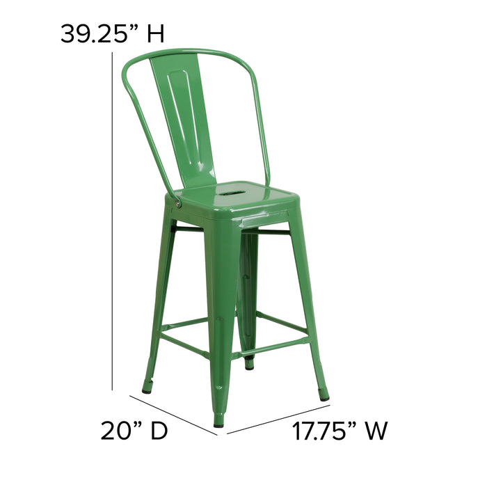 Commercial Grade 24"H Colorful Metal Indoor-Outdoor Counter Stool with Back
