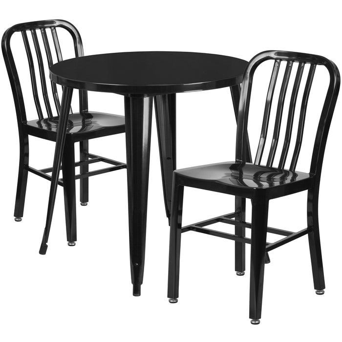 Commercial Grade 30" Round Metal Indoor-Outdoor Table Set & 2 Slat Back Chairs