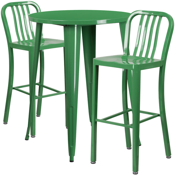 Commercial 30" Round Metal Indoor-Outdoor Bar Table Set & 2 Slat Back Stools