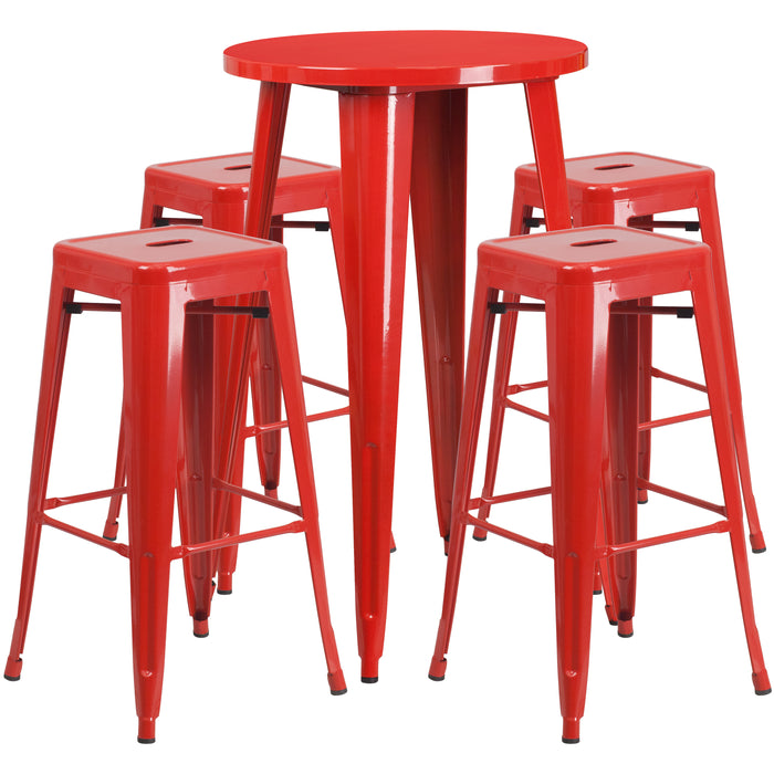 Commercial Grade 24" Round Metal Indoor-Outdoor Bar Table Set, 4 Backless Stools