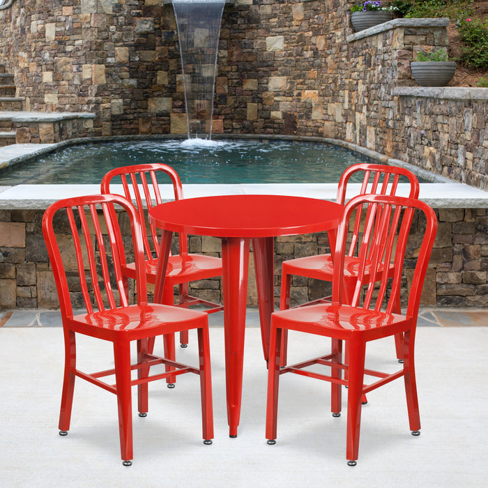 Commercial Grade 30" Round Metal Indoor-Outdoor Table Set & 4 Slat Back Chairs
