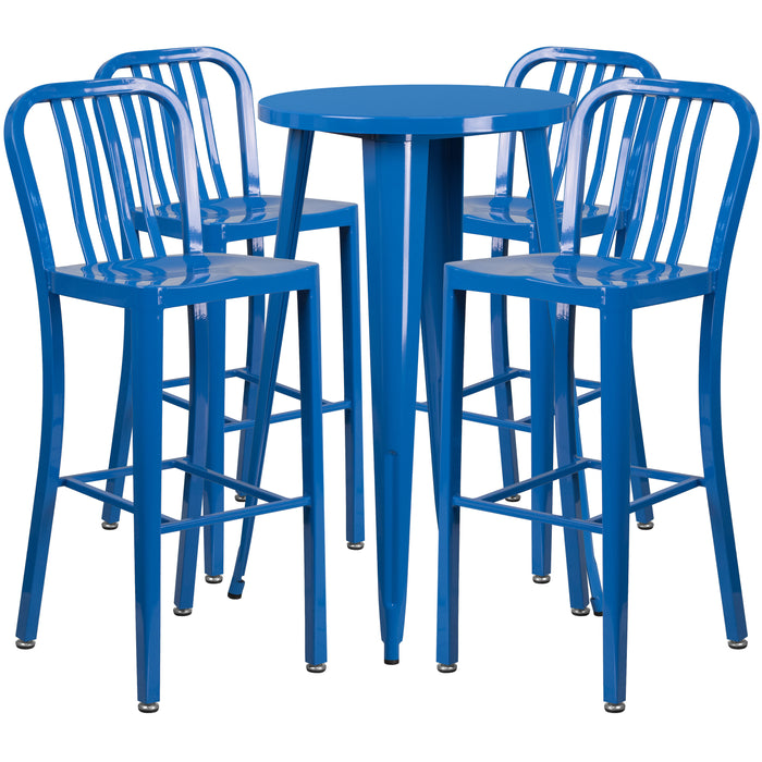 Commercial 24" Round Metal Indoor-Outdoor Bar Table Set & 4 Slat Back Stools