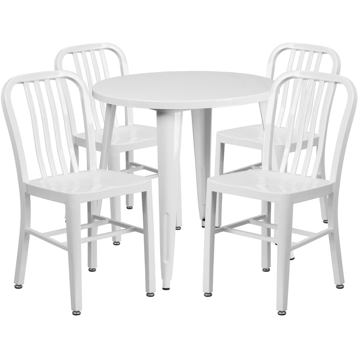 Commercial Grade 30" Round Metal Indoor-Outdoor Table Set & 4 Slat Back Chairs