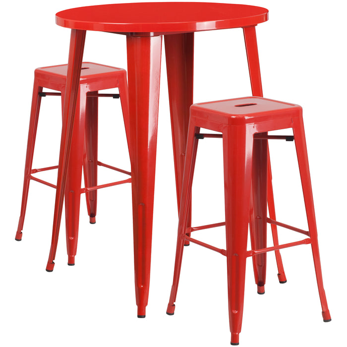 Commercial Grade 30" Round Metal Indoor-Outdoor Bar Table Set, 2 Backless Stools