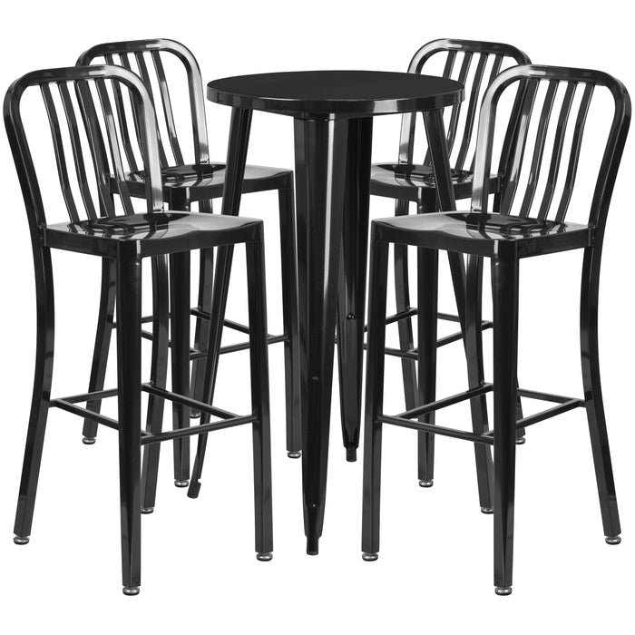 Commercial 24" Round Metal Indoor-Outdoor Bar Table Set & 4 Slat Back Stools