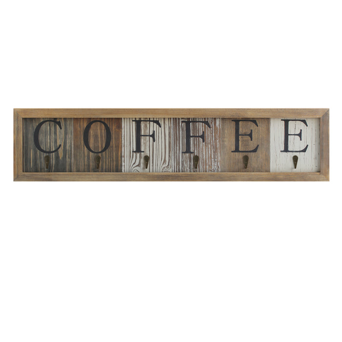 Johan Distressed Rustic Coffee Sign with 6 Sturdy Metal Hooks to Accommodate Most Mug Sizes