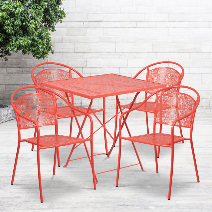 Commercial Grade 28" Square Metal Folding Patio Table Set w/ 4 Round Back Chairs
