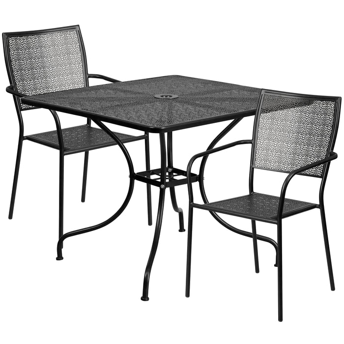 Commercial Grade 35.5" Square Metal Garden Patio Table Set, 2 Square Back Chairs