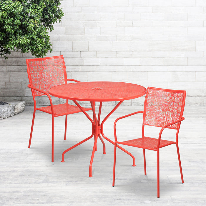 Commercial Grade 35.25" Round Metal Garden Patio Table Set, 2 Square Back Chairs