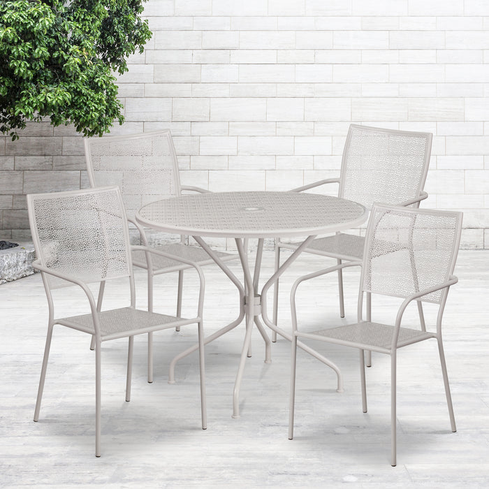 Commercial Grade 35.25" Round Metal Garden Patio Table Set, 4 Square Back Chairs