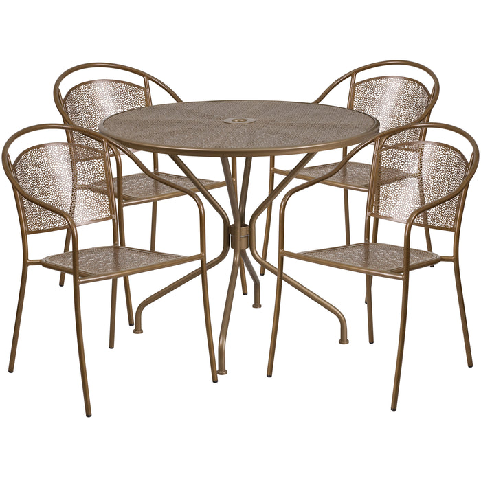 Commercial 35.25" Round Metal Garden Patio Table Set w/ 4 Round Back Chairs