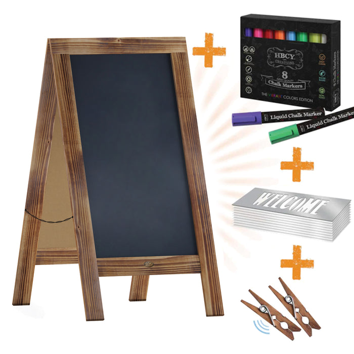 Burke Rustic Vintage Double-Sided Folding Magnetic Chalkboard with 8 Chalk Markers, 10 Chalkboard Stencils, Eraser and 2 Rustic Magnets