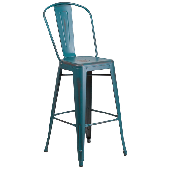 Commercial Grade 30"H Distressed Colorful Metal Indoor-Outdoor Barstool w/ Back