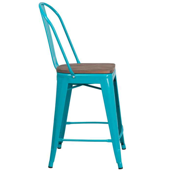 24"H Metal Counter Height Stool with Back and Wood Seat