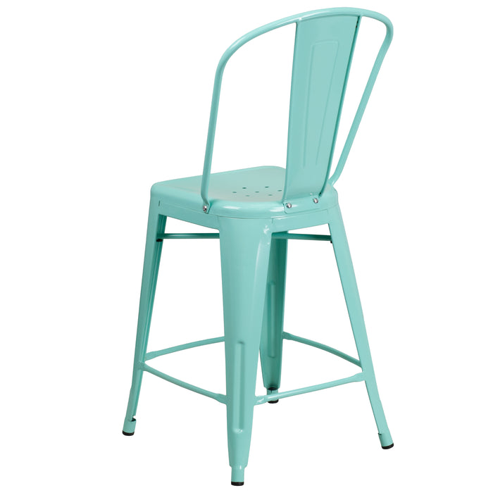 Commercial Grade 24"H Metal Indoor-Outdoor Counter Stool w/ Drain Holes and Back