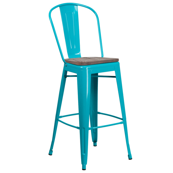 30"H Metal Dining Barstool with Back and Wood Seat