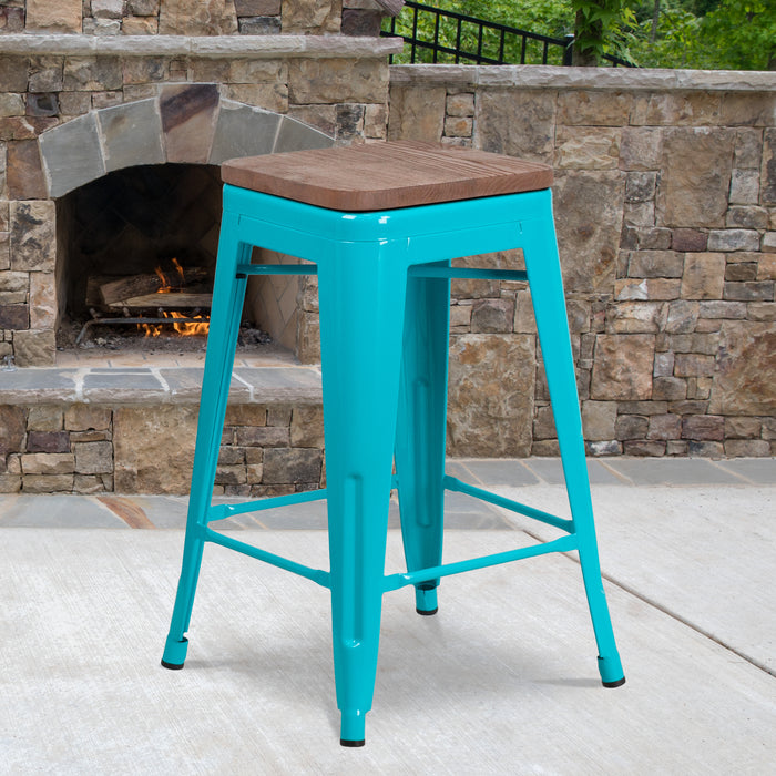 24"H Backless Counter Height Stool with Wood Seat