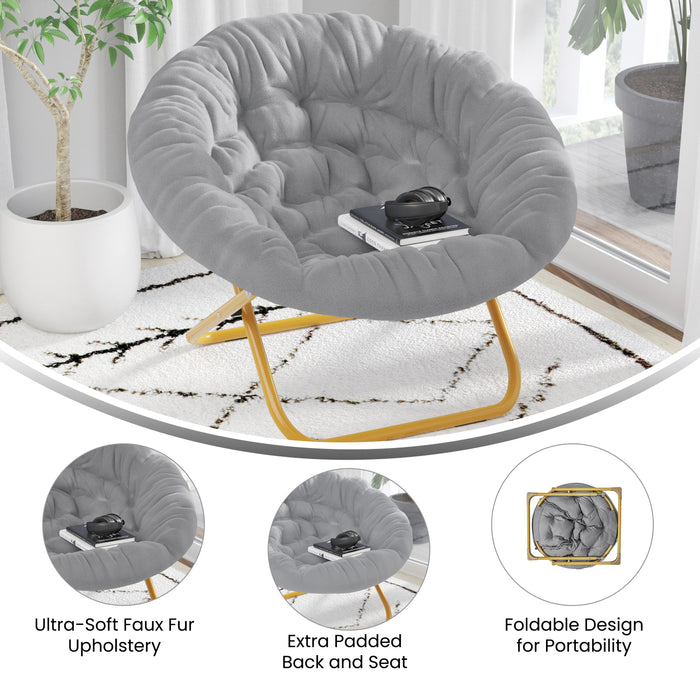 Ersa Oversize Folding Saucer Chair with Cozy Faux Fur Cushion and Metal Frame for Dorms, Bedrooms, Apartments and More