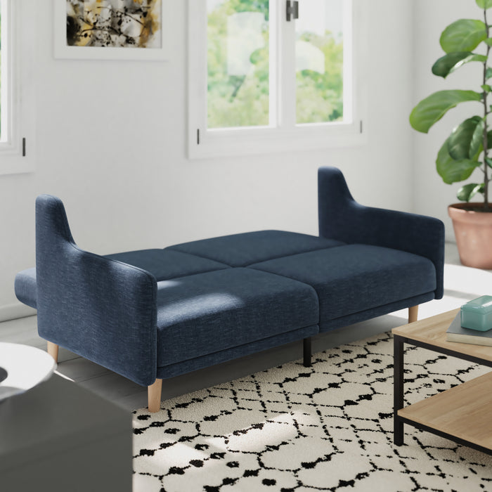 Dinah Plush Padded Upholstered Split Back Sofa Futon with Smooth Curved Removable Arms and Wooden Legs