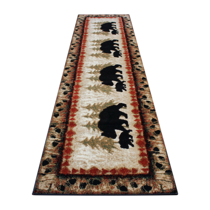 Rustic Cabin Theme Accent Rug with Bear and Cub Design with Trees in Background and Bear Track Patterned Edges