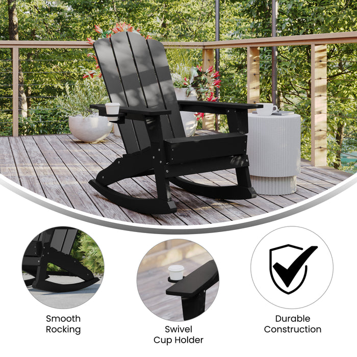 Haley Adirondack Rocking Chair with Cup Holder, Weather Resistant HDPE Adirondack Rocking Chair