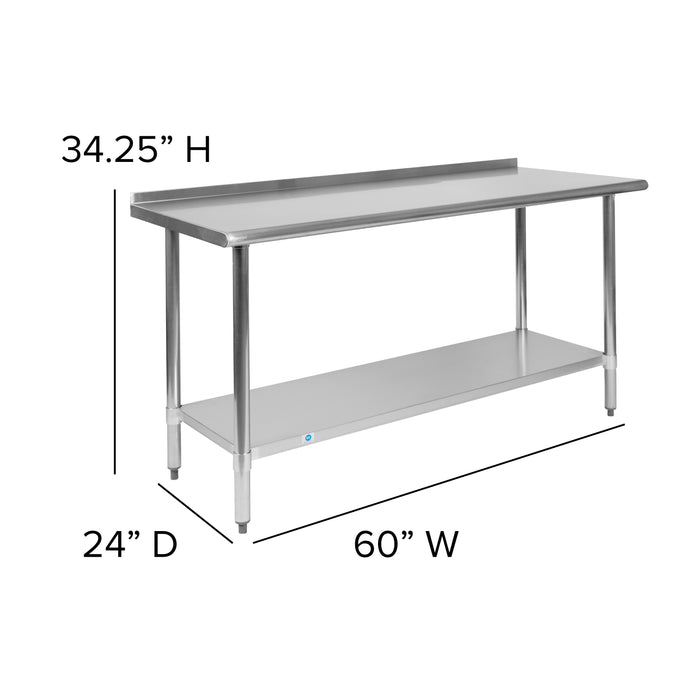 Stainless Steel 18 Gauge Prep and Work Table with Backsplash and Shelf, NSF