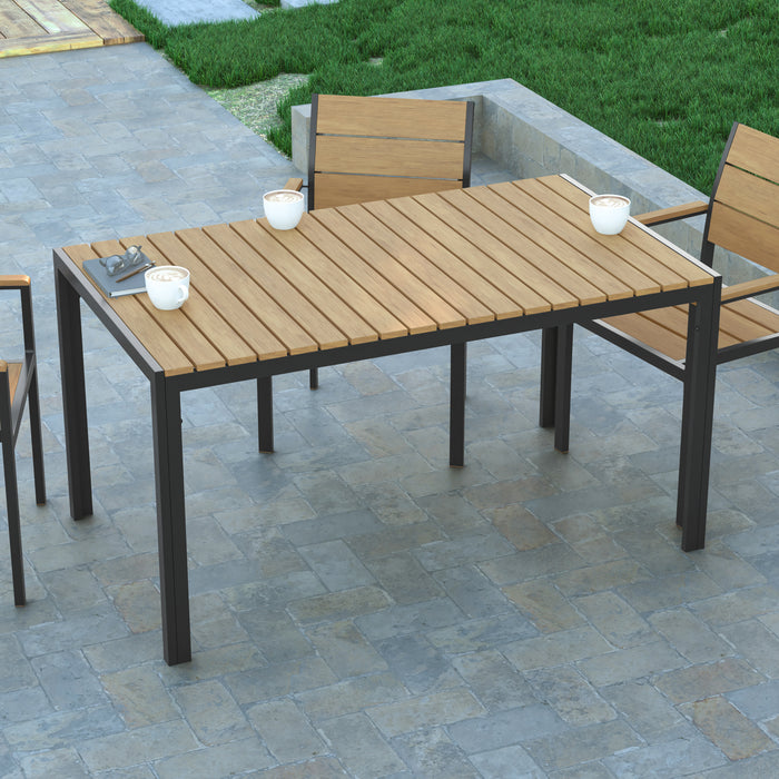 Fena 55" x 31" Outdoor Dining Table with Faux Teak Poly Slat Top and Metal Frame