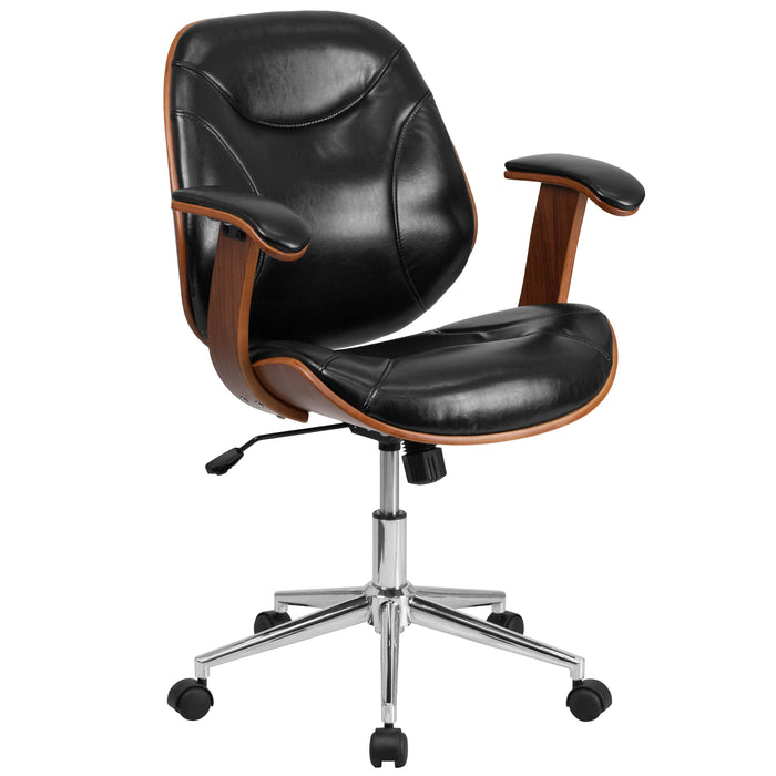 Mid-Back Leather Executive Ergonomic Wood Swivel Office Chair with Arms