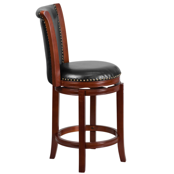 26'' High Wood Counter Height Stool with Panel Back and Leather Swivel Seat