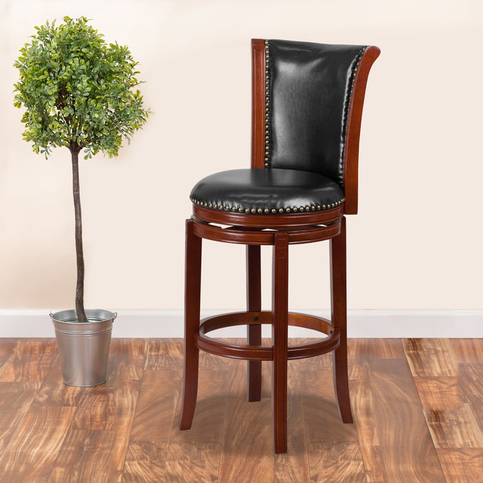 30'' High Wood Barstool with Panel Back and Leather Swivel Seat