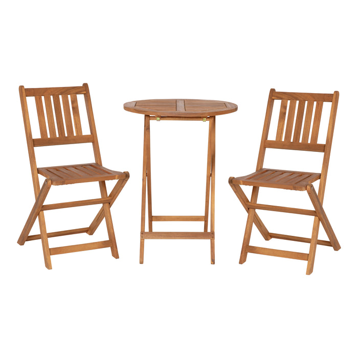 Nyalah All-Weather Three Piece Solid Acacia Wood Patio Bistro Set with Two Folding Chairs and Table