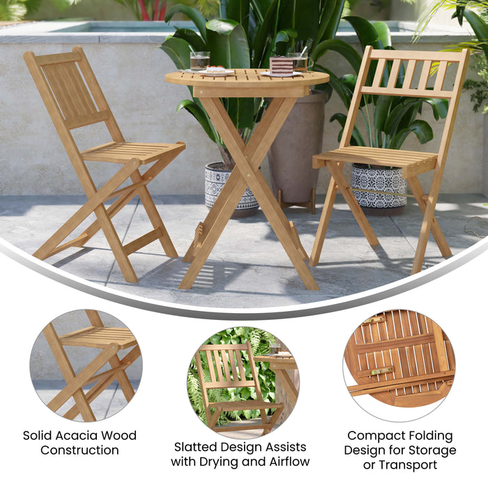 Nyalah All-Weather Three Piece Solid Acacia Wood Patio Bistro Set with Two Folding Chairs and Table