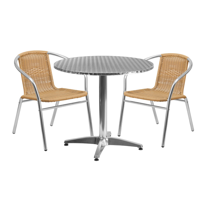 31.5" Round Aluminum Garden Patio Table Set with 2 Rattan Chairs