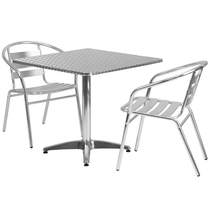 31.5'' Square Aluminum Indoor-Outdoor Table Set with 2 Slat Back Chairs