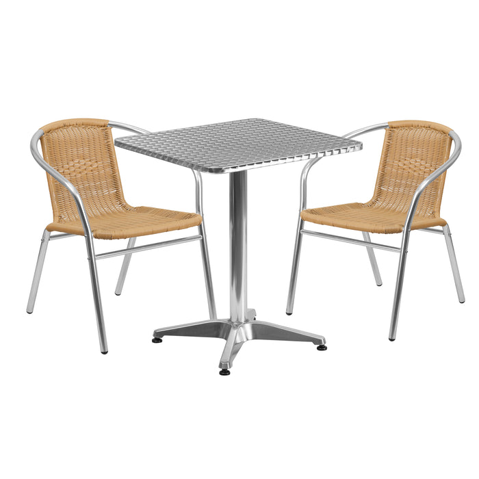 23.5" Square Aluminum Garden Patio Table Set with 2 Rattan Chairs