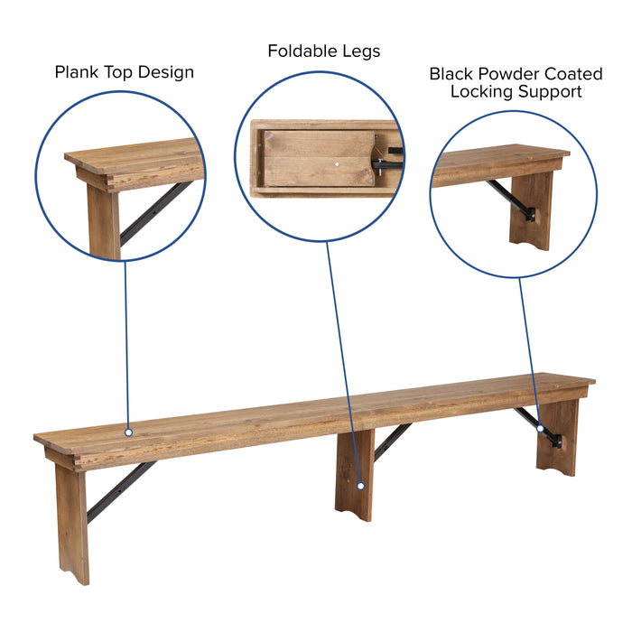 8' x 12" Antique Rustic Solid Pine Folding Farm Bench - Portable Bench